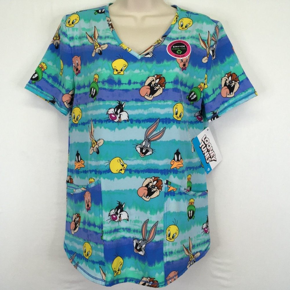Looney Tunes Bugs Bunny & Friends Heads Tie Dye Scrub‎ Top V-Neck Short Sleeve S